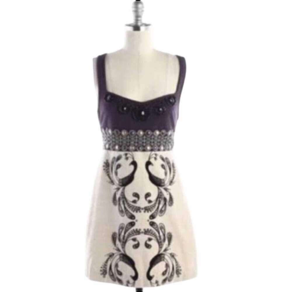 Vintage Y2K Free People Empire Waist Beaded Velvet Peacock A-Line Mini Dress - Picture 3 of 14